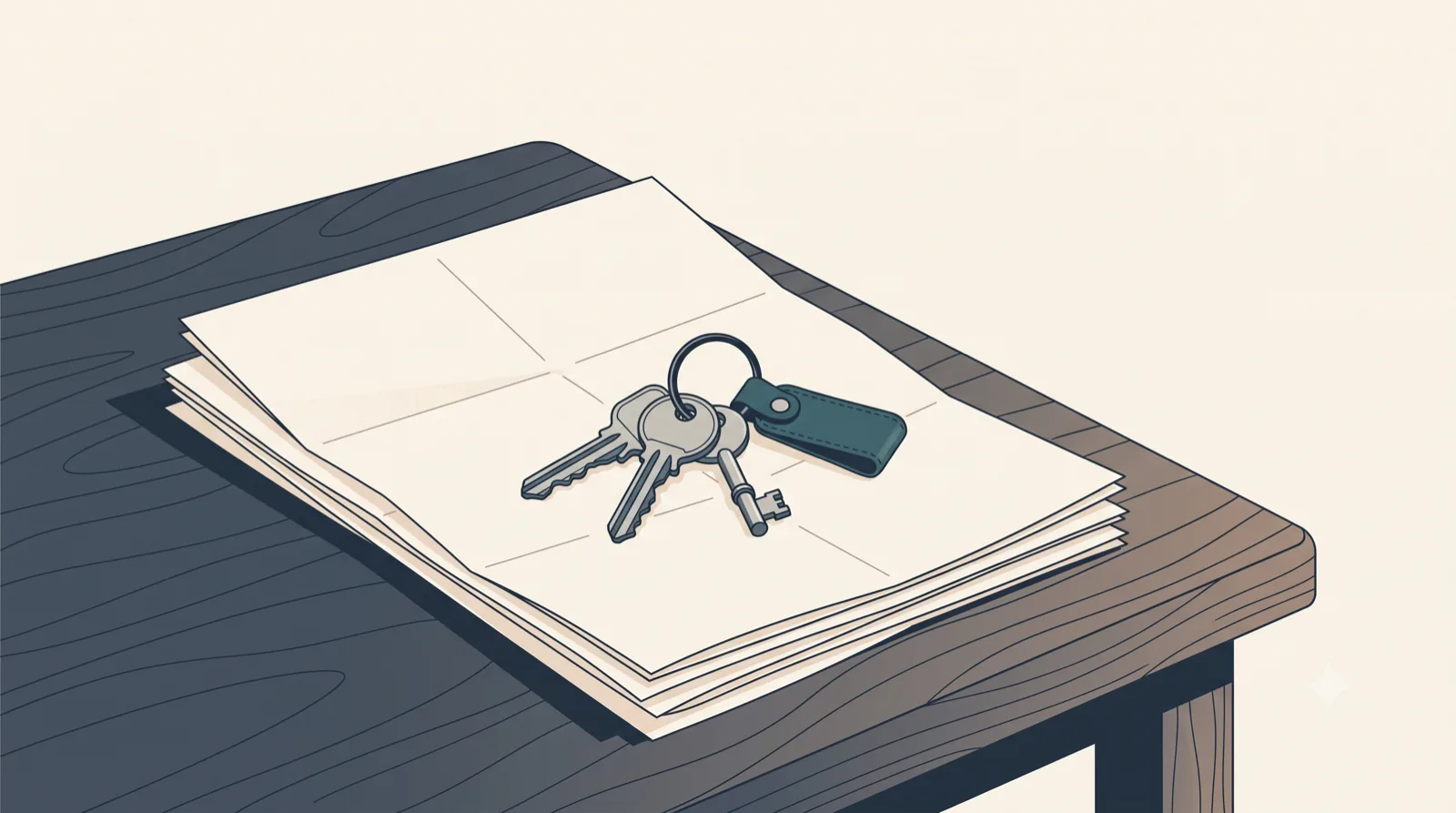 A bunch of keys resting on a stack of documents, on a wooden table