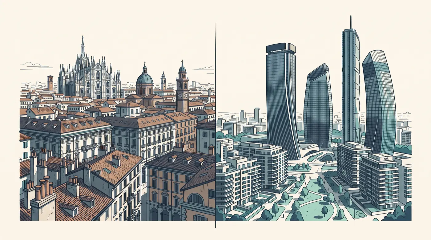 Illustration split in two: on the left the historic rooftops of Milan with the Duomo, on the right the CityLife towers