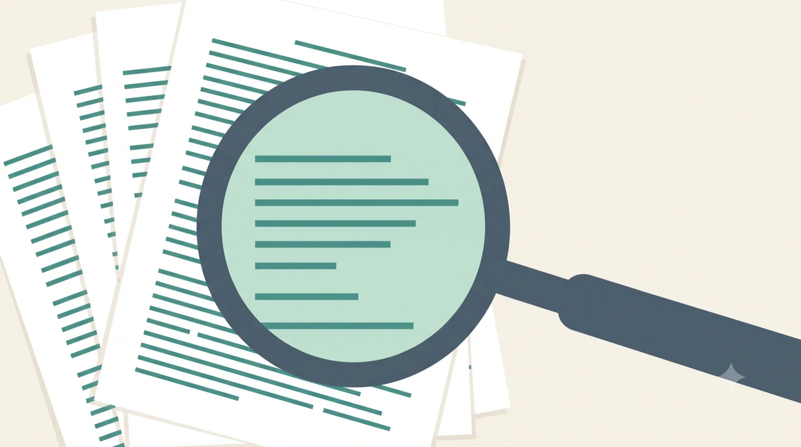 Illustration of a magnifying glass resting on a stack of documents, with the lines of text enlarged under the lens